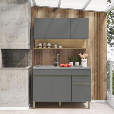 Imagem de Kit Balcão De Pia Sem Tampo E Aereo 120 Cm 6 Portas 1 Gaveta Madrid - Gris/gris/cp-freijó