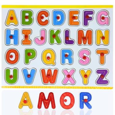 Imagem de Alfabeto em Madeira Brinquedo Educativo Infantil Letras Coloridas para Aprender Palavras Coordenação Motora Fina e Reconhecimento de Cores – Tabuleiro de Encaixe ABC (Modelo 2)