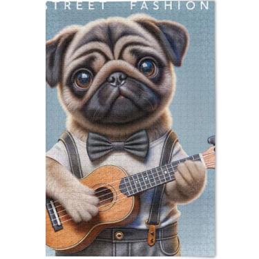 Imagem de Quebra-cabeças personalizados para cachorros ukulele pug para adultos, 500 peças, presentes de elefantes brancos, quebra-cabeças legais para adultos, arte floral animal, 52 cm x 38 cm