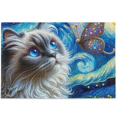 Imagem de Ragdoll Gato Noite Estrelada Quebra-cabeça personalizado 1000 peças para adultos Divertido Elefantes Brancos Presentes Divertidos Puzzles para Adultos Flor Pintura Animal, 75 cm x 50 cm