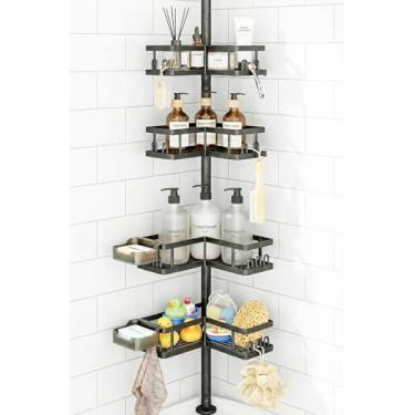 Imagem de YASONIC Suporte de chuveiro de canto, prateleiras de chuveiro ajustáveis de 65 a 277 cm, organizador de chuveiro resistente à ferrugem, instalação em 3 etapas sem broca, prateleiras de banheiro para