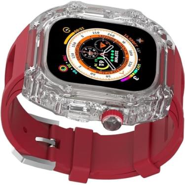 Imagem de MGTCAR Pulseira de borracha feminina de luxo Crtstal, para Apple Watch Ultra 8/7/6/5/4/SE 49 mm, 45 mm e 44 mm, moldura rígida de policarbonato estilo RM, acessórios esportivos (I, para 44 mm)