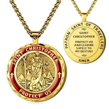Imagem de OigvcoTe Colar São Miguel/São Cristóvão/Virgem Maria Padroeira, medalhão oval de cobre banhado a ouro com versículos da Bíblia, joia de amuleto de proteção religiosa para homens e mulheres, One Size