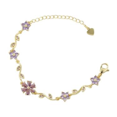 Imagem de Pulseira feminina de flor de cerejeira com zircônia cúbica banhada a ouro, bonita, delicada, pétala de folha de cristal, floral, Sakura, pulseiras ajustáveis, delicadas, joias modernas para ela, 19 cm