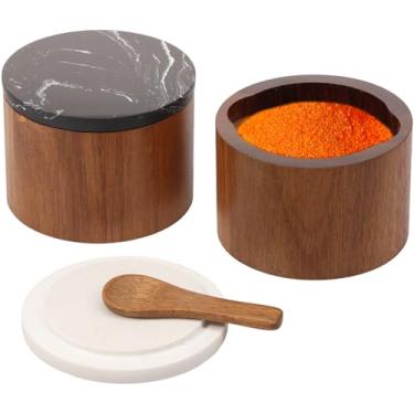 Imagem de Tcwhniev 2 peças de adega de sal de madeira com tampa de mármore e colher caixa de recipiente de sal de madeira e pedra pimenta açúcar tempero tigela recipiente recipiente suporte para bancada de