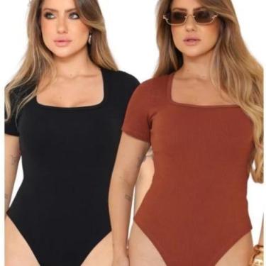 Imagem de Body Marrom - Canelado com Decote Quadrado Manga Curta  Feminino - NoB