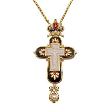 Imagem de Nazareth Store Colar com pingente de crucifixo Jesus cruz pectoral esmalte preto pedras vermelhas cristalizadas sacerdote cristão bispo 61 cm em caixa de presente, Aço Liga metálica, Vidro