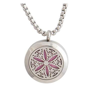 Imagem de Colar de difusor de óleo essencial Flor da vida com pingente de medalhão de aço inoxidável com corrente de 61 cm + 5 almofadas de refil