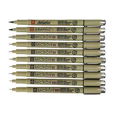 Imagem de Canetas pintáveis Sakura Pigma 10 Fineliner com tinta de arquivo preta Desenho de artista (003, 005, 01, 02, 03, 04, 05, 08), Gráfico 1, Conjunto de caneta pincel