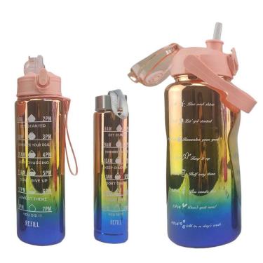 Imagem de Garrafa Motivacional Metalica Kit 3 Uni Com Medidor Squeeze Academia Treino Estudos Casa Curso Trabalho 2 Litros 900Ml 300Ml