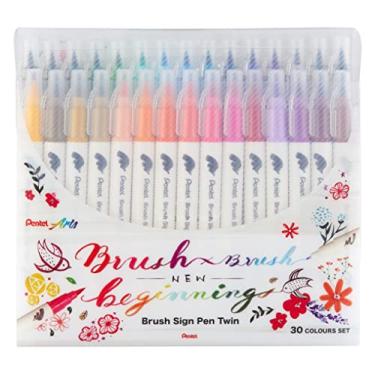 Imagem de Pentel SESW30C-30 Caneta dupla com pincel, conjunto de 30 cores, canetas de ponta de fibra com duas pontas flexíveis, tinta à base de água, sortidas, pacote com 30