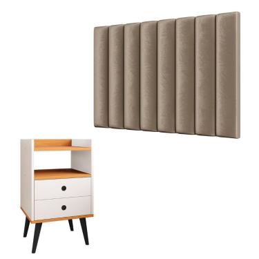 Imagem de Kit Cabeceira Estofada Cama Box Solteiro 90 cm Sophia Bege e Mesinha Canto Quarto 2 Gavetas Retrô Nicho Decorativo Dream Off White/Cinamomo- RPM