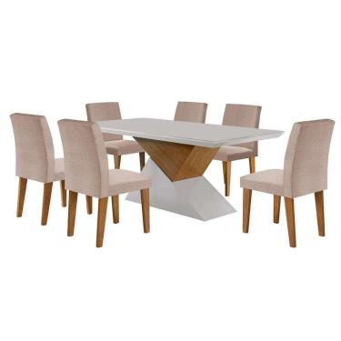 Imagem de conjunto de mesa de jantar retangular com tampo de vidro off white turmalina e 6 cadeiras grécia linho rústico e imbuia