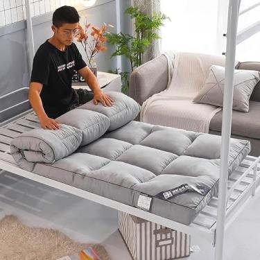 Imagem de Colchões de futon grossos Colchão de chão Tapete de tatami japonês Colchão de enrolar dobrável Almofada de dormir dobrável macia Futons japoneses duplos individuais, cinza, único (90 x 200 c
