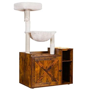 Imagem de Hey-brother Árvore para gatos com caixa de areia GG, torre multifuncional para gatos em ambientes internos com rede grande, cama, estação de alimentação, postes de arranhar, móveis para animais de estimação de estilo moderno, marrom rústico MPJ101SR