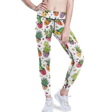 Imagem de KLL Calça legging feminina com bolinhas coloridas e suculentas para ioga leggings de compressão de barriga PP, Cactos suculentos, pontos coloridos, GG