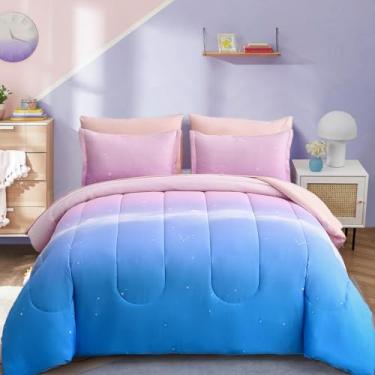 Imagem de Dinjoy Jogo de cama casal com edredom colorido, arco-íris, rosa, azul, gradiente, 7 peças, para crianças adolescentes e mulheres (1 edredom, 1 lençol de cima, 1 lençol com elástico)