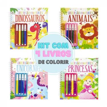 Imagem de Kit 4 Livros Colorir Diversão Com Cores Com Canetinhas - Princesa Dino