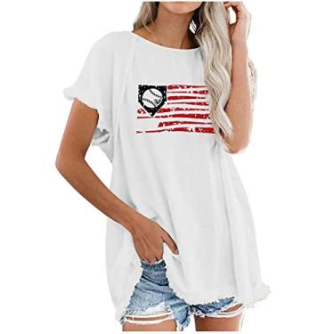 Imagem de Duobla Camiseta feminina com estampa de beisebol com letras plus size de beisebol tamanho grande de verão camiseta casual de manga curta, A-5-branco, P