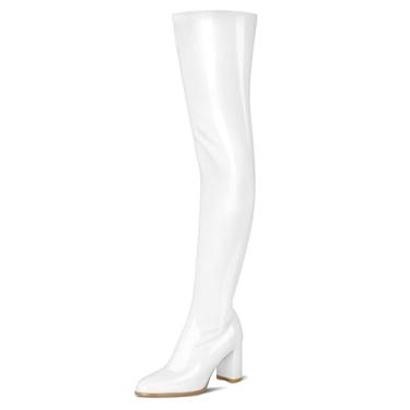 Imagem de girgod Botas de cano alto femininas sexy bico fino acima do joelho, cosplay, dança, festa, couro envernizado, salto grosso, botas de cano alto GOGO, Branco, 40