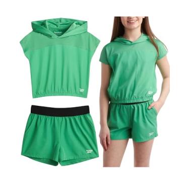 Imagem de Reebok Conjunto de shorts para meninas – Camiseta de manga curta com shorts de ginástica de tecido macio – Conjunto casual Athleisure para meninas (7-12), Verde esportivo, 10