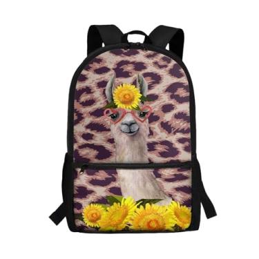 Imagem de Suobstales Mochila escolar à prova d'água para meninas, meninos, mochila casual com bolsos laterais para garrafa e bolso com zíper, Alpaca girassol leopardo, One Size