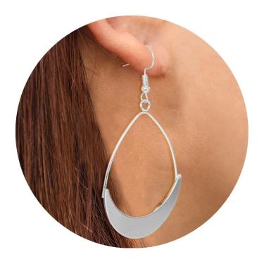 Imagem de Brincos Femininos Longo Oval Prateado Mulheres Moda