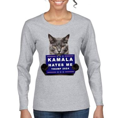 Imagem de Kamala Hates Me Trump 2024 Camiseta feminina manga longa engraçada gato republicano animal de estimação anti Harris Vote vermelho MAGA Kitten 47 Fight, Cinza, G