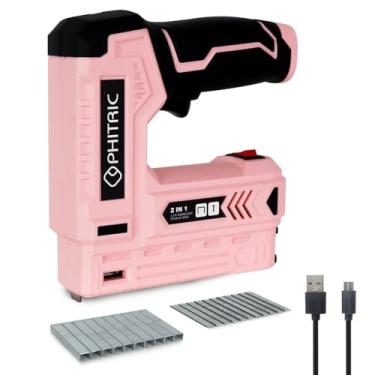 Imagem de PHITRIC Pistola elétrica de grampear rosa, 2 em 1, sem fio, para estofamento com 3500 grampos e pregos, pregador elétrico de 3,7 V com carregador USB para madeira, carpintaria, artesanato, faça você