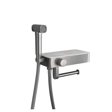 Imagem de Pulverizador de bidê portátil cinza para banheiro, kit de pulverizador portátil, conjunto de pulverizador de fraldas de pano com suporte de papel higiênico e bancada de ardósia, chuveiro muçulmano,