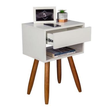 Imagem de Mesa Cabeceira Off White Retro 60Cm Altura Pés Castanhos - Fl Decor