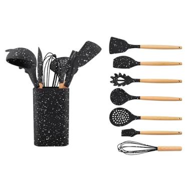 Imagem de JS Gourmet Conjunto de 7 utensílios de cozinha de silicone com suporte, resistente ao calor, antiarranhões, conjunto de colheres de cozinha com cabo de madeira de bambu natural, utensílios de cozinha