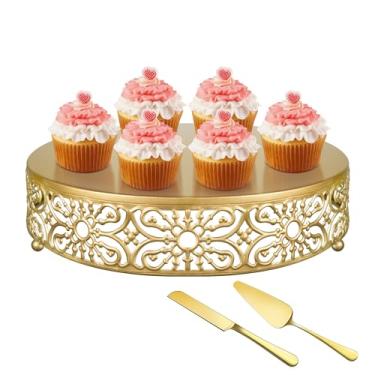 Imagem de YIBO Suporte de bolo de casamento dourado 20,3 cm, 25,5 cm, 35,5 cm, 40,6 cm, suportes redondos de metal para cupcake com faca de bolo e conjunto de servidor (40,6 cm)