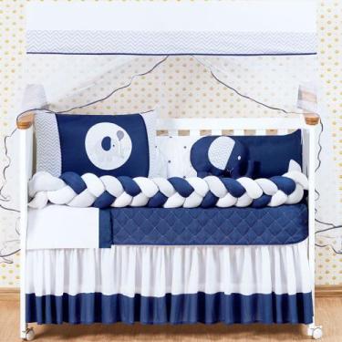 Imagem de kit berço elefante trançado menino 11 peças com saia box azul marinho 