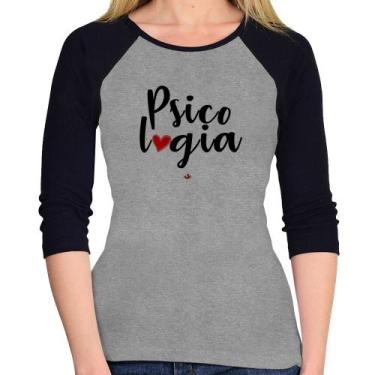 Imagem de Baby Look Raglan Psicologia por amor Manga 3/4 - Foca na Moda, Cinza, 