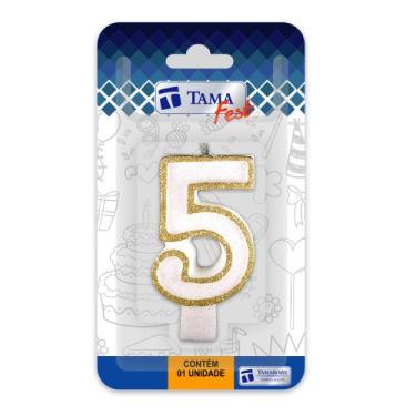 Imagem de Vela de aniversário Número Branco e Dourado Nº 5 com 10 un. - TAMAROZZ