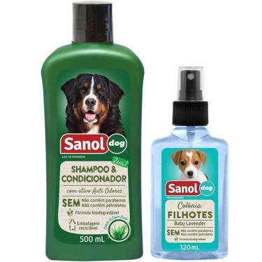 Imagem de Kit Banho cães: Shampoo com condicionador 2 em 1 e perfume baby para Cachorro Sanol Dog