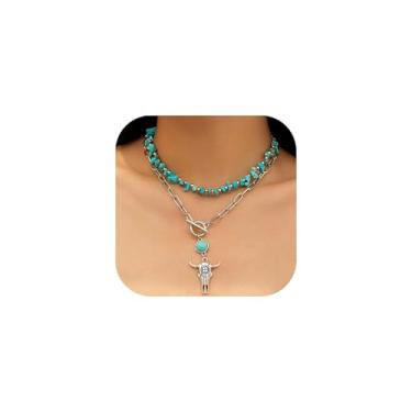 Imagem de CSIYANJRY99 Colares ocidentais em camadas para mulheres, vintage, turquesa, miçangas, joias ocidentais para mulheres, corrente cruzada, cacto com cabeça de boi, colares de corrente cruzada, concerto,