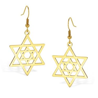 Imagem de VASSAGO Brincos femininos de estrela de Davi com pingente de estrela judaica com cruz de aço inoxidável brincos de estrela de seis pontas Israel religioso judeu Hanukkah joia presente, 1.02"*1.96",