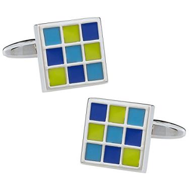 Imagem de Abotoaduras quadradas verdes e azuis esmaltadas Cuff-Daddy com caixa de apresentação