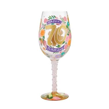 Imagem de Enesco Designs by Lolita Happy 70th Birthday Taça de vinho artesanal pintada à mão, 425 g, multicolorido