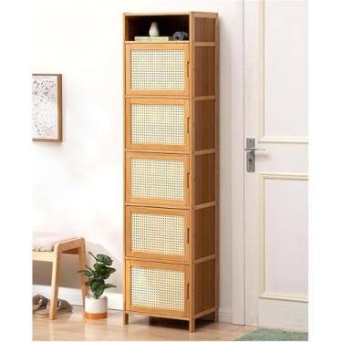 Imagem de Armário de armazenamento de sapatos de vime para entrada, armário de sapatos estreito, sapateira, armário de armazenamento livre com portas, sapateira fechada de bambu, simples e moderno, para armário