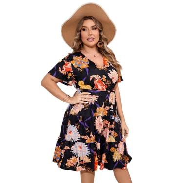 Imagem de KOJOOIN Vestido feminino plus size com decote em V, cintura alta, manga curta, vestido midi casual de verão com cinto, Manga curta preta grande, XGG