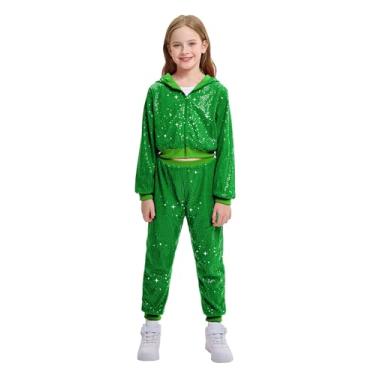 Imagem de LOLANTA Conjunto de 2 peças de roupas de dança para meninas, jaqueta cropped de lantejoulas, fantasias de dança hip hop para festas dos anos 80, 90, 4-13 anos, Verde, 8-9 Anos