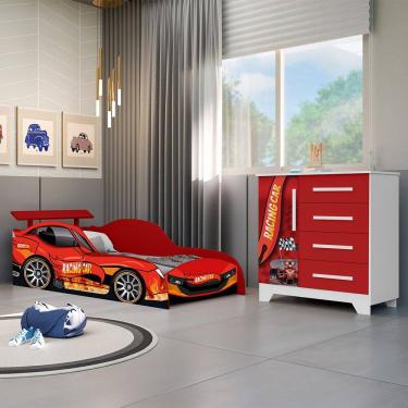 Imagem de Conjunto Quarto Infantil Carros - Cama Solteiro Proteção Lateral com Colchão e Comoda Mdf - Vermelho