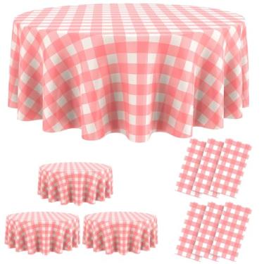 Imagem de Remagr Toalha de mesa xadrez descartável redonda de plástico xadrez buffalo, 213 cm, capa de mesa guingão para piquenique, acampamento, churrasco, festa de formatura (rosa e branco, 6 peças)