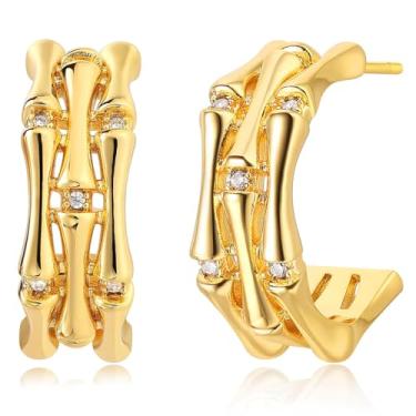 Imagem de BENEIGE Brincos de argola femininos de argola aberta em forma de C banhado a ouro 14 K Boho praia simples delicado feito à mão hipoalergênico diário joias, Latão, Zircônia cúbica