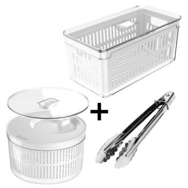 Imagem de Kit Centrífuga Secadora de Saladas Lavagem Folhas e Pote Organizador d