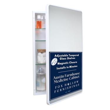 Imagem de Gabinete de remédios de banheiro embutido retangular arredondado Austin Farmhouse 40 x 66 cm, espelho chanfrado, abertura de parede de 35,5 x 61 cm, aço revestido a pó, prateleiras de vidro