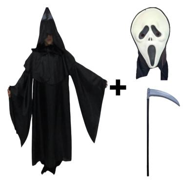 Imagem de Fantasia Halloween Capa do Panico Infantil Com Máscara e Acessório Tunica da Morte Carnaval Zumbi Terror Completa